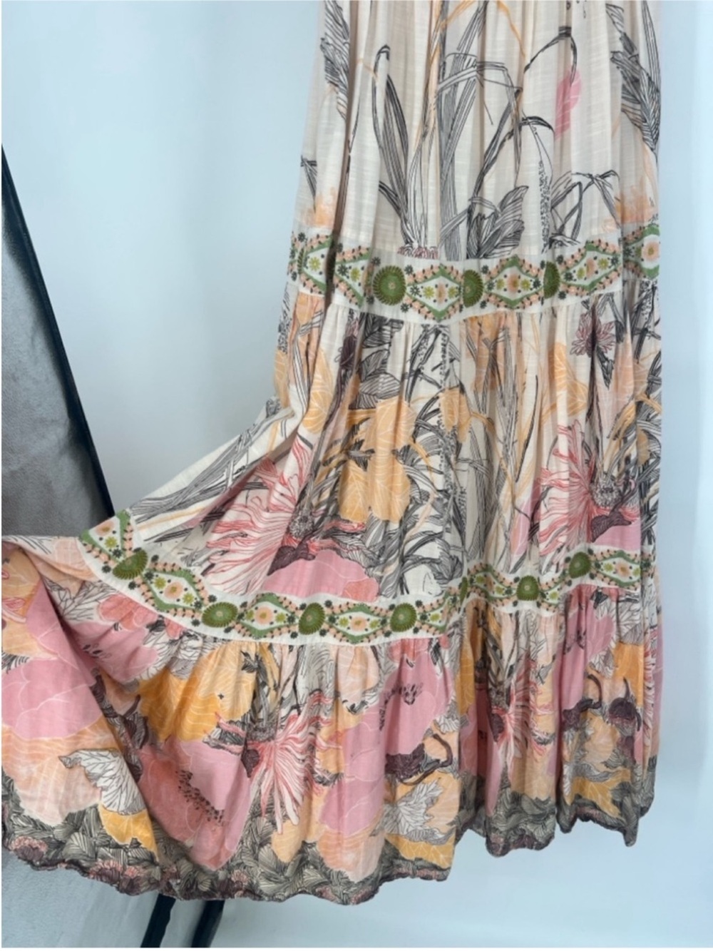 Anthropologie Pink Embroidered Beaded Square Neck Bohemian Tie Back Maxi Dress L - Picture 5 of 13